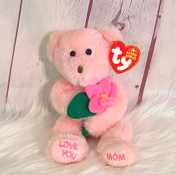 Y2K TY Beanie Baby Pink Love You Mom Mother's Day Bear Plush Stuffed Animal Toy - Picture 1 of 14